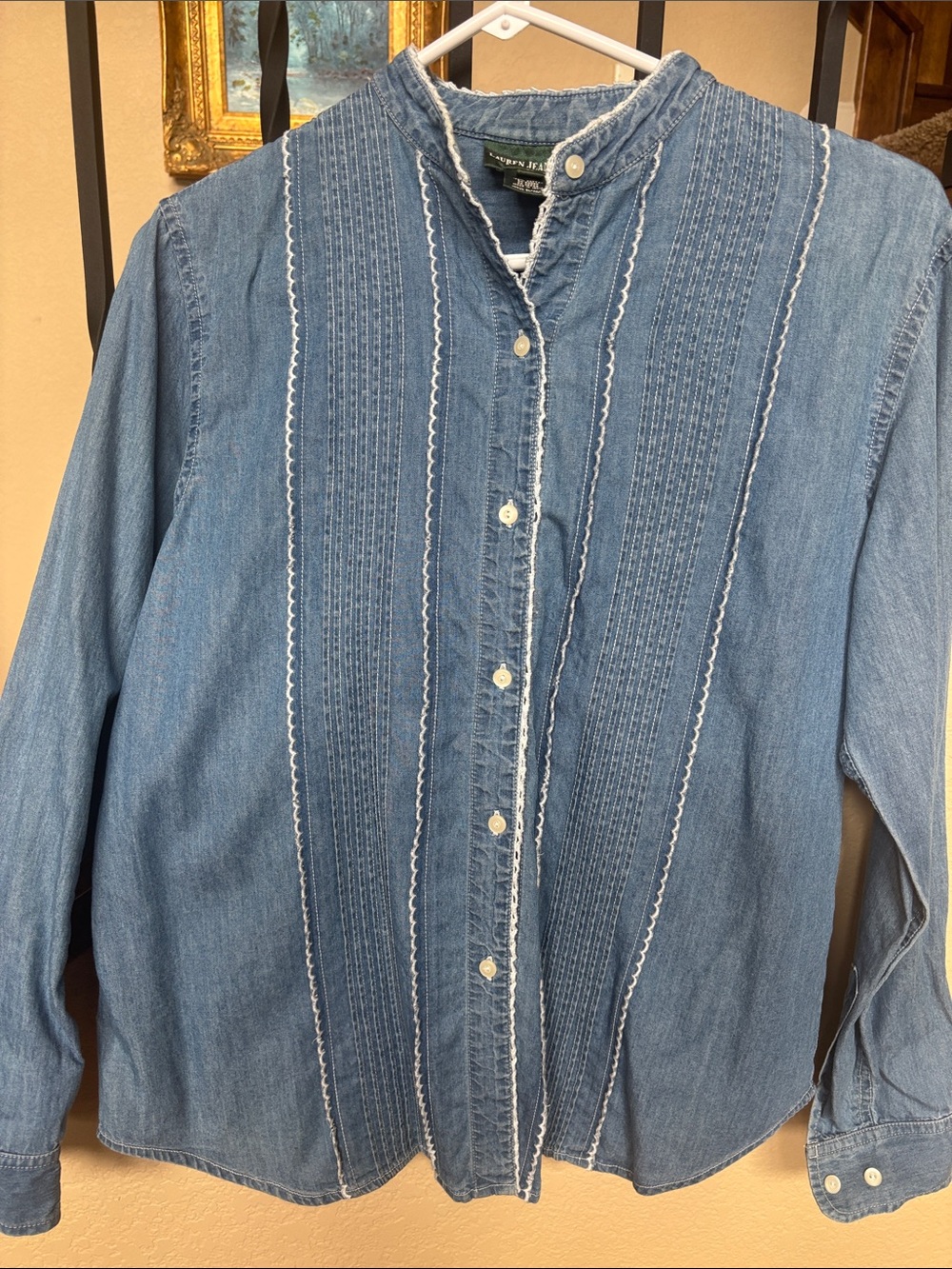 Lauren Ralph Lauren Blue Denim Pintuck Button-Down Shirt, 8P